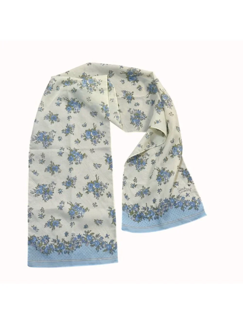 Vintage Sarah Coventry Scarf Blue Floral Cream Lightweight Neck Wrap 10x48
